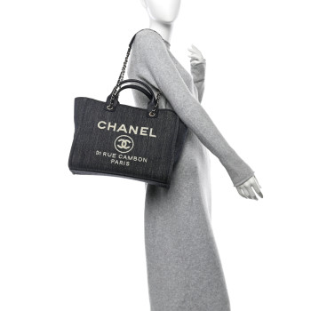 CHANEL Denim Small Deauville Tote Dark Blue White