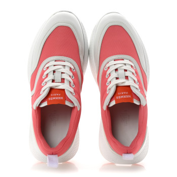 HERMES Mesh Calfskin Womens Giga Sneakers 37.5 Rose Du Desert White