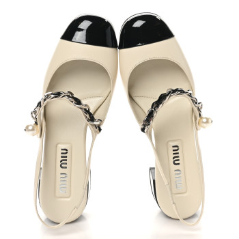 MIU MIU Patent Calfskin Chain Pearl Slingback Pumps 37.5 Ivory Black