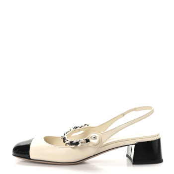 MIU MIU Patent Calfskin Chain Pearl Slingback Pumps 37.5 Ivory Black