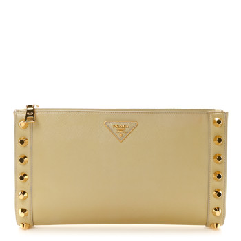PRADA Saffiano Vernice Studded Clutch Talco