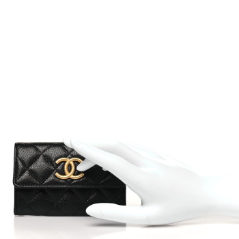 CHANEL Caviar Quilted Textured CC Flap Card Holder Black