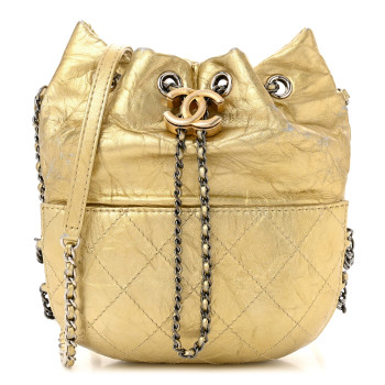 CHANEL Metallic Aged Calfskin Quilted Small Gabrielle Bucket Gold