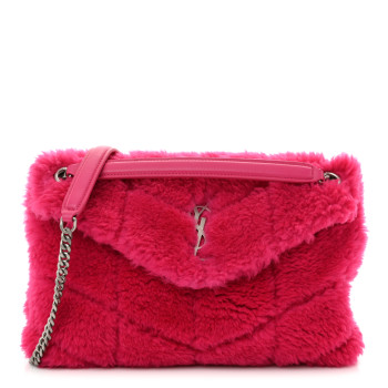 SAINT LAURENT Merino Shearling Lambskin Quilted Small Loulou Puffer Monogram Chain Satchel Fuchsia