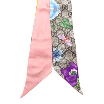 GUCCI Silk Twill GG Monogram Special Flory Neck Bow Scarf Beige Pink