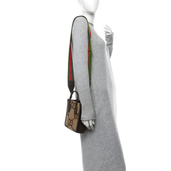 GUCCI Monogram Jumbo GG Textured Dollar Calfskin Web Mini Vertical Tote Camel Ebony New Acero