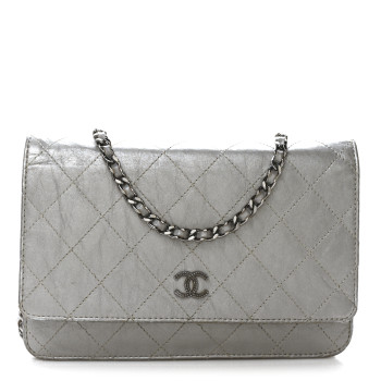 CHANEL Metallic Aged Calfskin Quilted Wallet on Chain WOC Silver