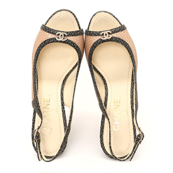 CHANEL Calfskin Mesh Pearl CC Peep Toe Slingback Pumps 36 Salmon Black
