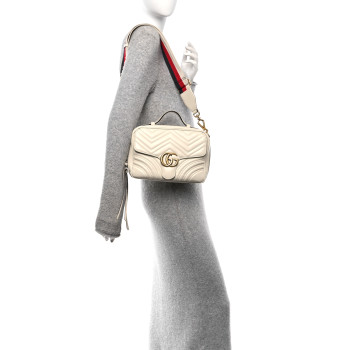 GUCCI Calfskin Matelasse Sylvie Web Small GG Marmont Top Handle Shoulder Bag White