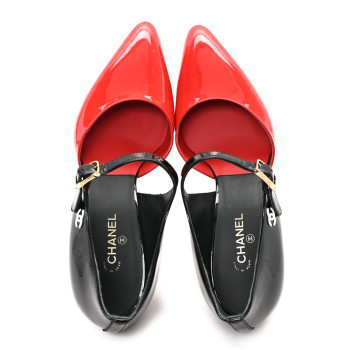 CHANEL Patent Calfskin CC Pumps 38.5 Pink Black