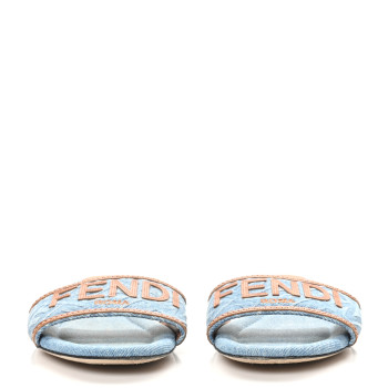 FENDI Denim Print Logo Flat Slide Sandals 38 Denim Brandy