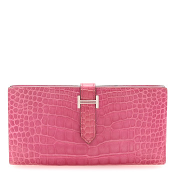 HERMES Shiny Alligator Bearn Wallet Rose Scheherazade
