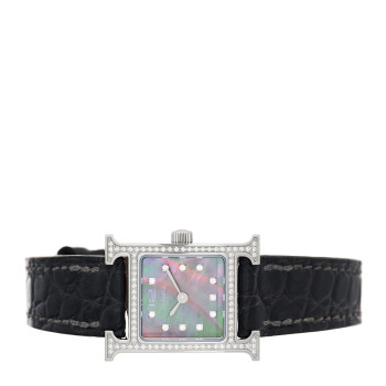 HERMES Stainless Steel Alligator Diamond Bezel Black Mother of Pearl 17.2mm Heure H Hour Quartz Watch Graphite