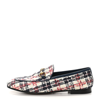 GUCCI Tweed Check Horsebit Womens Jordaan Loafers 36.5 Gardenia Ink Blue Agata