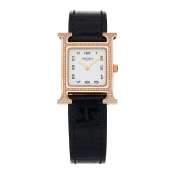HERMES 18K Rose Gold Alligator Diamond Bezel Mother of Pearl 21mm Heure H Hour Quartz Watch Noir