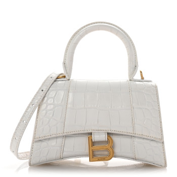 BALENCIAGA Shiny Calfskin Crocodile Embossed Hourglass Top Handle Bag XS White