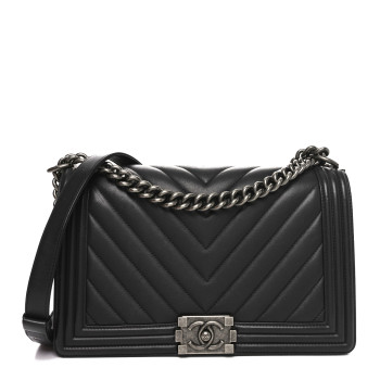 CHANEL Lambskin Chevron Quilted New Medium Boy Flap Dark Navy Blue
