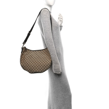 GUCCI Monogram Calfskin Web Medium B Shoulder Bag Beige Brown