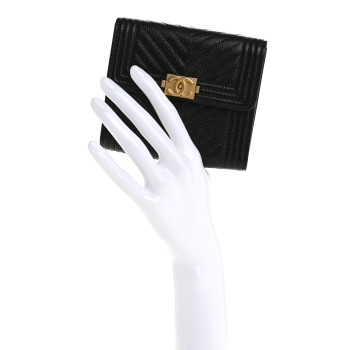 CHANEL Caviar Chevron Quilted Boy Compact Wallet Black