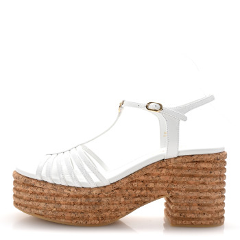 CHANEL Patent Cork CC Ankle Strap Platform Sandals 38 White