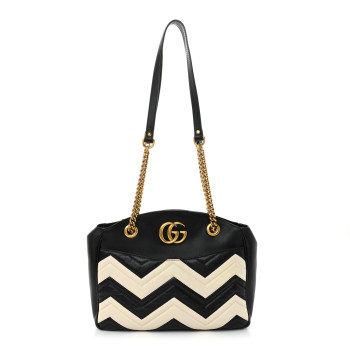 GUCCI Calfskin Matelasse Medium GG Marmont Open Top Shoulder Bag Black White