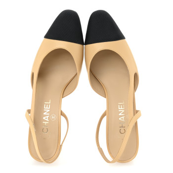 CHANEL Goatskin Grosgrain Cap Toe CC Slingback Pumps 38 Beige Black