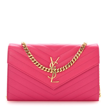 SAINT LAURENT Grain De Poudre Matelasse Chevron Monogram Chain Wallet Lipstick Fuchsia