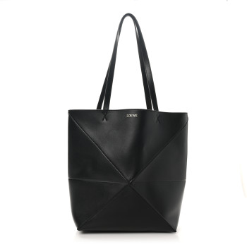 LOEWE Shiny Calfskin Medium Puzzle Fold Tote Black