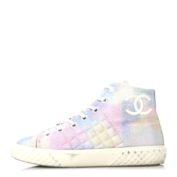 CHANEL Printed Fabric Quilted High Top Sneakers 38 Green Pink Blue White