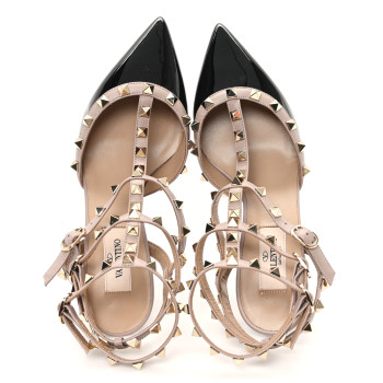 VALENTINO GARAVANI Patent Nappa Rockstud Ankle Strap 65mm Pumps 37 Black Poudre