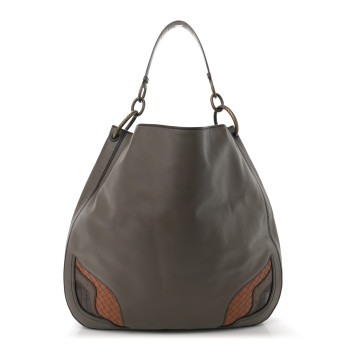 BOTTEGA VENETA Calfskin Crocodile Ostrich Loop Bag  Taupe Multicolor