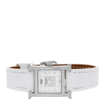 HERMES Stainless Steel Epsom Diamond Bezel Mother of Pearl 17.2mm Heure H Hour Quartz Watch Blanc