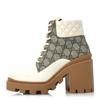 GUCCI Apollo Calfskin GG Supreme Nappa Samoa Quilted Lace Up Ankle Boots 36 Mystic White Beige Ebony