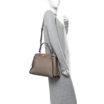 FENDI Vitello Seta Shiny Nappa Elaphe Medium Peekaboo Iconic Satchel Tortora Natural Ebano