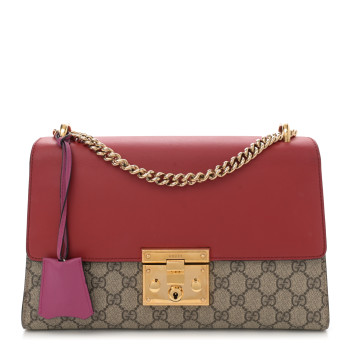 GUCCI GG Supreme Monogram Calfskin Medium Padlock Shoulder Bag Beige Hibiscus Red New Rosette