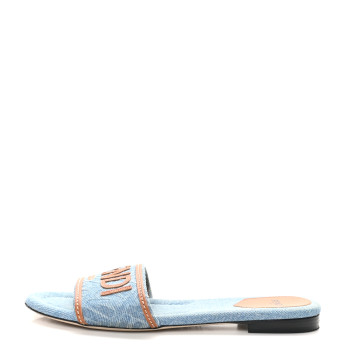 FENDI Denim Print Logo Flat Slide Sandals 38 Denim Brandy