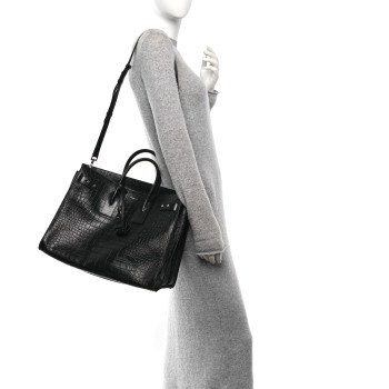 SAINT LAURENT Calfskin Crocodile Embossed Large Souple Sac De Jour Black