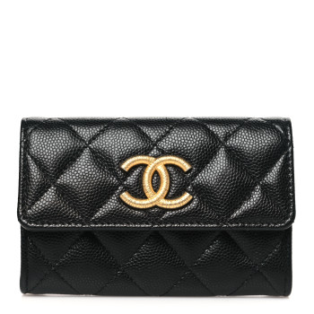 CHANEL Caviar Quilted Textured CC Flap Card Holder Black