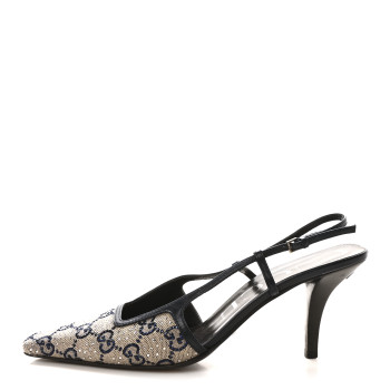 GUCCI GG Monogram Malaga Kid Crystal Square G 75mm Slingback Pumps 39.5 Beige Blue