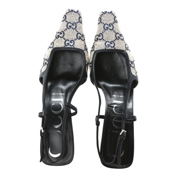 GUCCI GG Monogram Malaga Kid Crystal Square G 75mm Slingback Pumps 39.5 Beige Blue