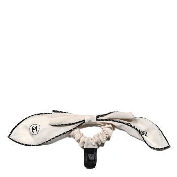 CHANEL Silk CC Hair Tie Ecru Black Silver