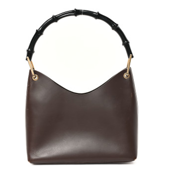 GUCCI Calfskin Bamboo Shoulder Bag Brown
