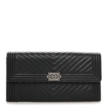 CHANEL Caviar Chevron Quilted Boy Flap Wallet Black