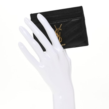 SAINT LAURENT Grain De Poudre Matelasse Chevron Monogram Credit Card Case Black