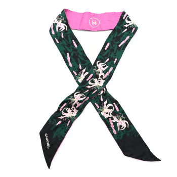 CHANEL Silk CC Slim Bandeau Scarf Black Green Pink