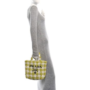 PRADA Yarn Raffia Effect Crochet Embroidered Small Logo Tote Citron Yellow