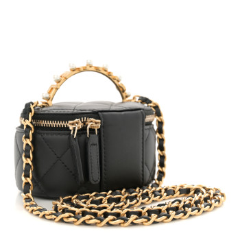CHANEL Lambskin Pearl Crystal Quilted Pearly Girl Top Handle Round Vanity Case With Chain Black