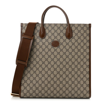 GUCCI GG Supreme Monogram Textured Dollar Calfskin Web Medium Retro Interlocking G Vertical Tote Bag Beige Ebony Brown Sugar