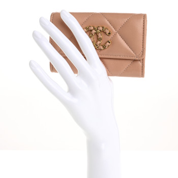 CHANEL Lambskin Quilted Chanel 19 Flap Card Holder Beige