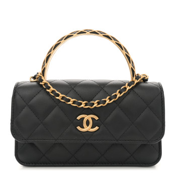 CHANEL Lambskin Quilted Metal Twist Top Handle Flap Phone Holder With Chain Black